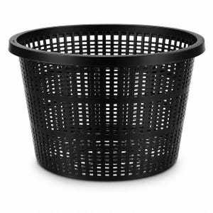 May include: A black plastic wastebasket featuring a cylindrical shape with a wide, reinforced rim. The body of the container is constructed with a uniform grid pattern of square cutouts, providing a ventilated structure throughout the entire unit.