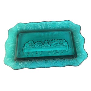 Vintage Indiana Tiara Glass Green Bread Plate With Last Supper Design
