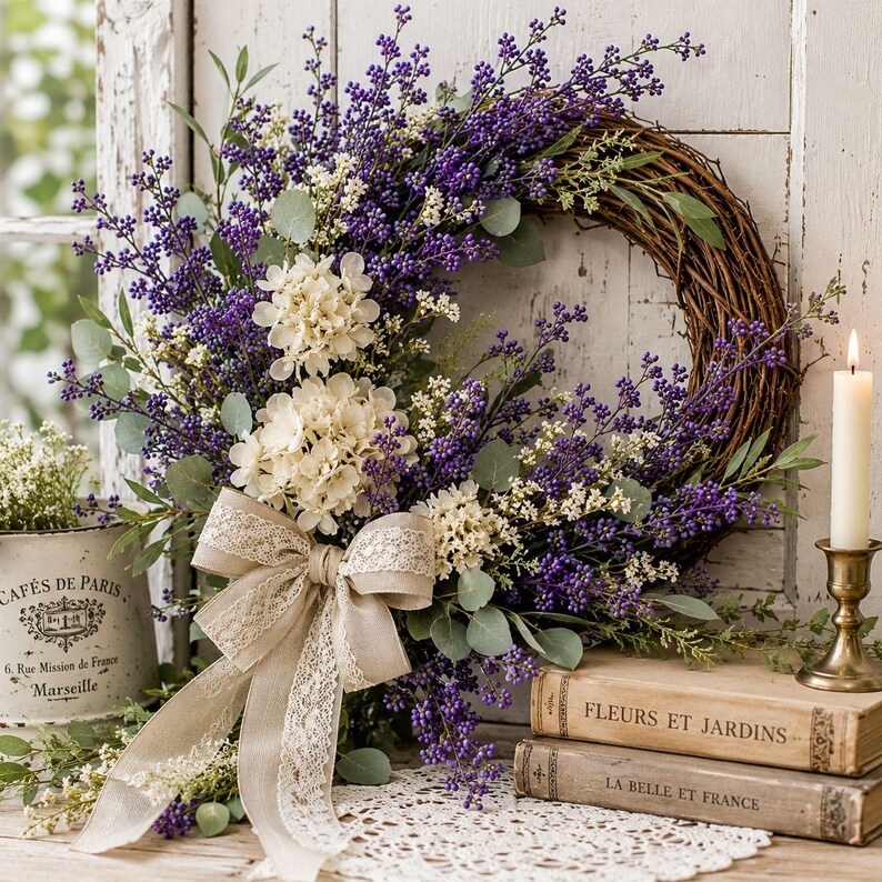 Puede incluir: Una corona circular hecha de ramas marrones, decorada con racimos de peque&ntilde;as bayas moradas, flores de hortensia blancas y hojas de eucalipto verdes. Una cinta de arpillera beige con un centro de encaje blanco est&aacute; atada en un lazo.