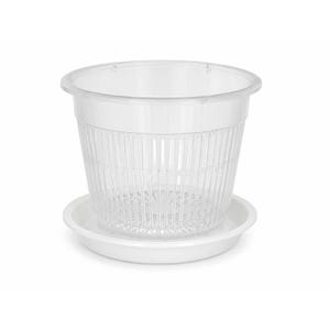 May include: A clear plastic plant pot with vertical drainage slits along the sides and a raised base, accompanied by a separate, matching white circular saucer. The pot features a wide rim and a transparent body, allowing for full visibility.