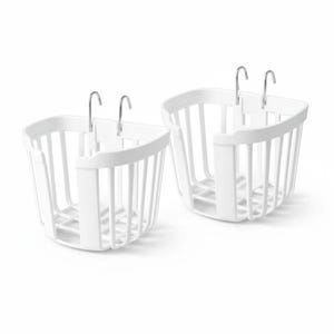 May include: Two white plastic storage baskets with open-slatted sides and a grid-patterned base. Each basket features two silver-toned metal hooks attached to the top edge, designed for hanging storage on a rail or similar support structure.