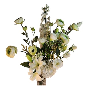 White Lily Rose Hydrangea Bouquet: 13-Stem Realistic Faux Floral Arrangement