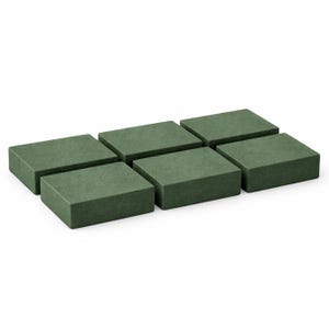 May include: Six rectangular, dark green floral foam bricks arranged in two rows. Each brick is a solid, textured block, suitable for arranging fresh or artificial flowers. The blocks are evenly spaced and sit against a white background.