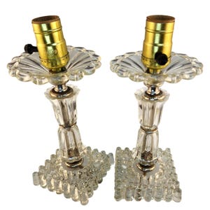 Vintage Clear Glass Table Lamps: Brass Fixtures, Elegant Home Decor - Pair