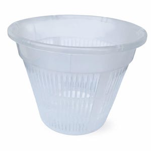 May include: A clear, plastic orchid pot with a flared, conical shape. The pot features vertical slits for drainage and aeration, and a wide rim for easy handling. Ideal for orchid care and propagation.