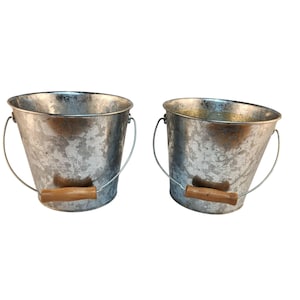 Galvanized Tin Buckets With Wooden Handles For Decorative & Functional Use Set Of 2