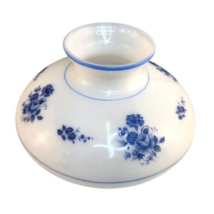 Glass Hurricane Lamp Shade With Blue Floral Design Vintage White Opaline