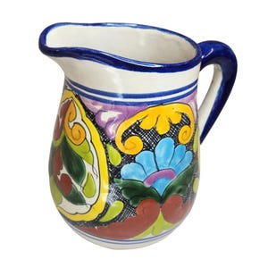 Hand-Painted Mexican Talavera Pottery Pitcher - Colorful Floral Design Singed Piece Decorative & Functional