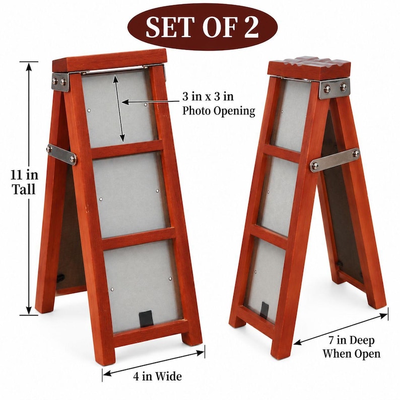 May include: A set of two wooden ladder-style picture frames with a reddish-brown finish and silver metal hinges. Each frame is 11 inches tall, 4 inches wide, and 7 inches deep when open, featuring a 3 inch by 3 inch photo opening.