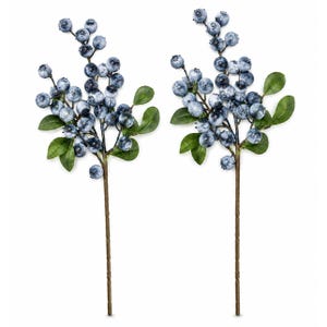 May include: Two artificial stems featuring clusters of round, dusty blue berries and small, pointed green leaves. Each stem has a thin, brown, textured branch that extends downward, supporting the dense arrangement of fruit and foliage.
