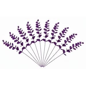 May include: A collection of nine artificial eucalyptus stems arranged in a fan shape. Each stem features a thin, dark purple central stalk with multiple small, rounded, dark purple leaves attached in an alternating pattern along the length.