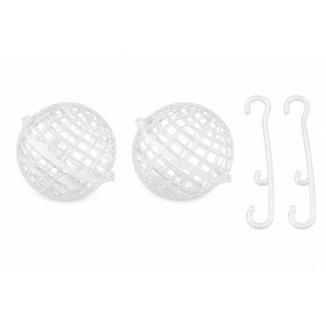 May include: Two clear, spherical, grid-patterned plastic containers with hinged closures, accompanied by two matching clear plastic S-shaped hooks with secondary side hooks, designed for hanging or organizing small items in a modular fashion.