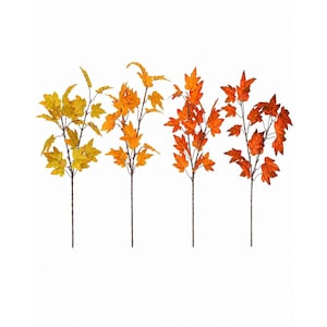 May include: Four artificial maple leaf branches arranged in a row, transitioning in color from bright yellow on the left to deep orange and reddish-brown on the right. Each stem features multiple serrated leaves attached to a thin brown stalk.