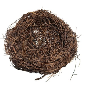 May include: A round, woven bird nest made of thin, brown twigs. The nest is densely constructed, with a hollow center and a rough, textured surface. The twigs are intertwined, creating a natural and rustic appearance. The nest is likely for decorative purposes.