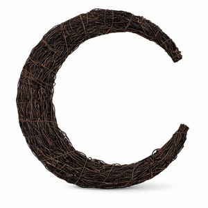 May include: A crescent-shaped decorative item crafted from interwoven brown twigs and wire. The rustic design features a natural, earthy aesthetic, suitable for home decor or seasonal displays. The item is set against a white background.