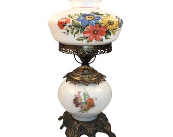 Vintage Floral Hand-Painted Glass Table Lamp - 3-Way Lighting