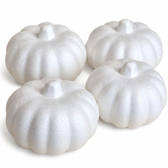 White Styrofoam Pumpkins Set of 4, 5.5 Inch Foam Craft Blanks, Paintable Carvable Fall Thanksgiving Wreath Centerpiece Supplies