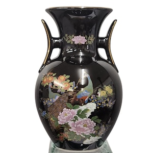 Vintage Black Ceramic Vase With Floral & Peacock Motif Gold Accents Decorative Double Handles
