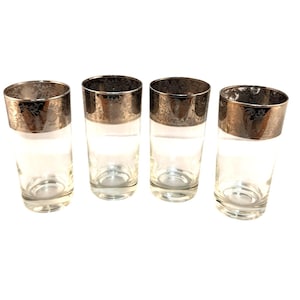 Dorothy Thorpe Style Mid-Century Silver Rimmed Highball Glasses Set Of 4 With Silver Band Vintage