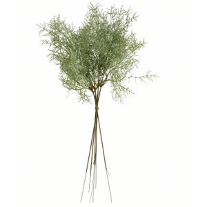 May include: A bundle of artificial greenery with slender, light green leaves. The stems are brown and tied together with a brown twine. The leaves have a delicate, textured appearance, creating a natural aesthetic. Ideal for home decor or crafting projects.
