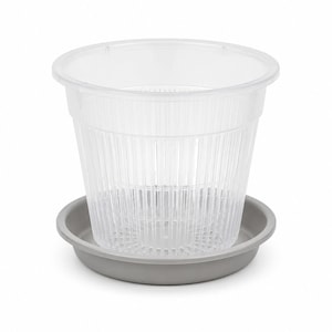 May include: A clear, cylindrical plastic plant pot featuring vertical ribbed detailing along the sides and a drainage-slotted base. The pot sits securely inside a solid, smooth, light gray circular saucer designed to catch excess water runoff.