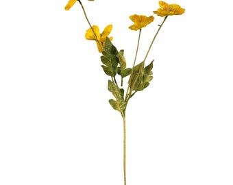 Yellow Artificial Poppy Flower Stems Silk & Plastic Foliage Single Stem Realistic