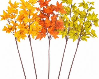 6 tallos artificiales de hojas de arce de 40 cm (16 pulgadas) de follaje otoñal en tonos naranja, amarillo y verde para corona de Acción de Gracias, centro de mesa y decoración floral otoñal.
