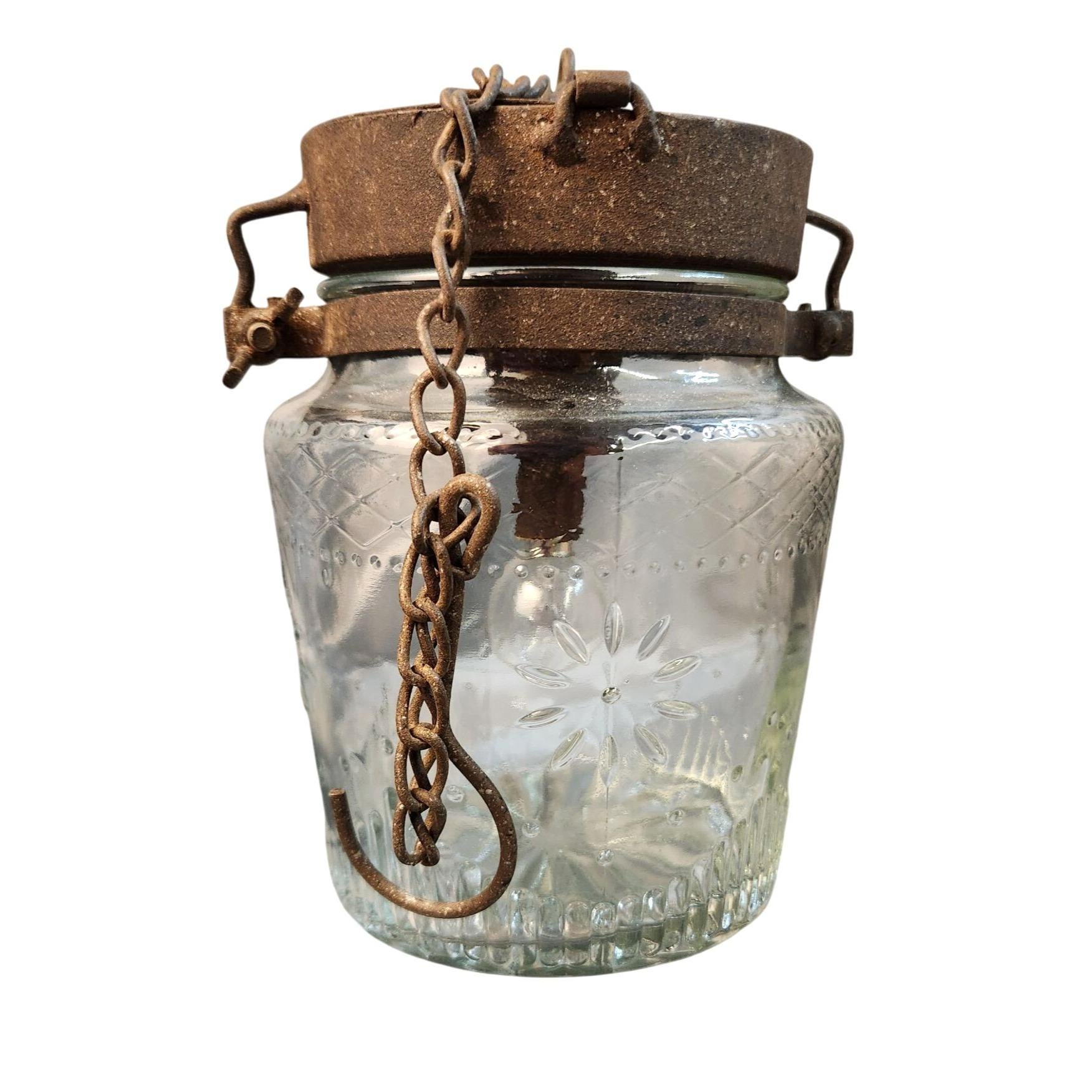 Vintage Glass Jar Pendant Light With Embossed Floral Design & Rusty Metal Lid