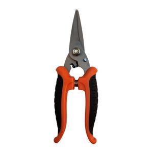 May include: Orange and black handled pruning shears with a silver blade.