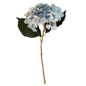 May include: A single stem of artificial hydrangea with a large cluster of blue and white flowers. The flower head is surrounded by two dark green leaves. The stem is brown and yellow.