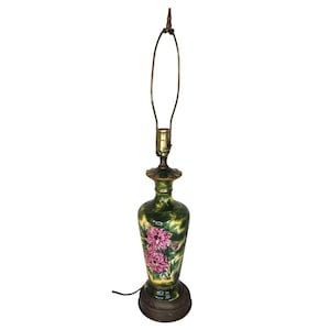 Vintage Tall Table Lamp With Brass Base Hand-Painted Floral Ceramic original finial Victorian Cottage Decor