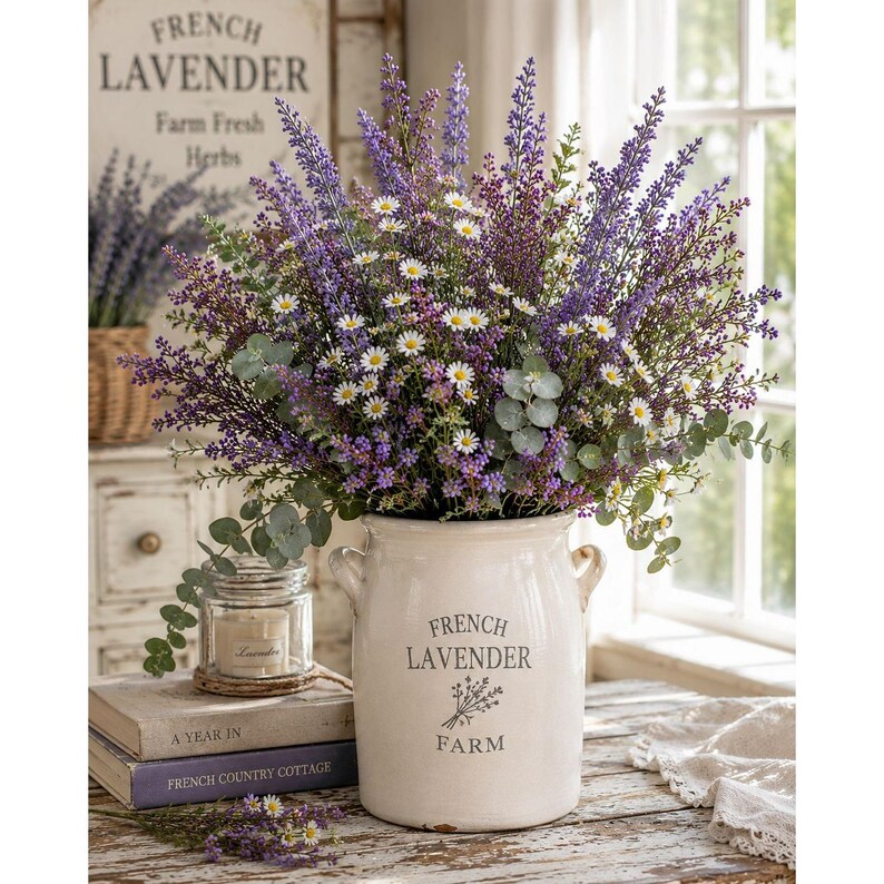 Puede incluir: Una vasija de cer&aacute;mica color crema con dos asas laterales, que presenta el texto "FRENCH LAVENDER FARM" y un gr&aacute;fico floral. Est&aacute; llena de un arreglo grande y denso de ramas de lavanda morada, peque&ntilde;as margaritas blancas y hojas de eucalipto.