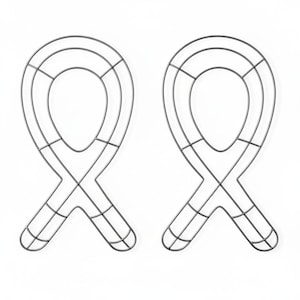May include: Two metal wreath forms in a ribbon shape. The forms are made of thin, dark gray metal rods, with an oval loop at the top and a crossed base. The forms are designed for creating decorative wreaths for various occasions.