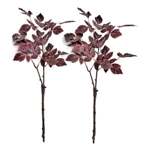 May include: Two artificial botanical stems featuring dark brown, textured branches and serrated leaves in deep shades of burgundy, maroon, and dark purple. Each stem displays a branching structure with multiple clusters of foliage extending outward.