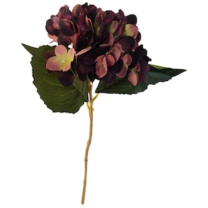 May include: A single artificial hydrangea stem featuring a large, full bloom in shades of deep purple and pink. The flower has a cluster of small petals with a few pale yellow and pink blossoms. The stem is a light brown color, with two large green leaves.