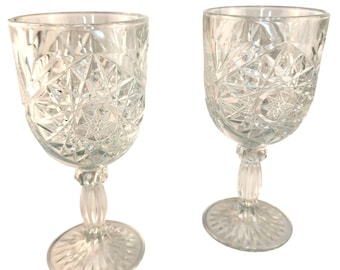 Libbey HOBSTAR Clear Pressed Vintage Star of David 10 Oz Tall Footed Water Goblets Set Of 2