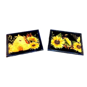 Sunflower Beehive Resin Tile Trivet Coaster Set With Vibrant Blue & Yellow Design