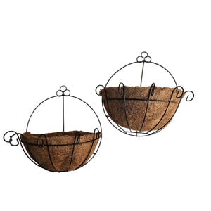 Set Of 2 Wall-Mounted Half-Moon Hanging Planters With Coco Liners & Black Metal Frame