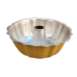 Vintage Aluminum  Bundt Pan Yellow & Silver Fluted Cake Mold 10&quot; Diameter Harvest Gold