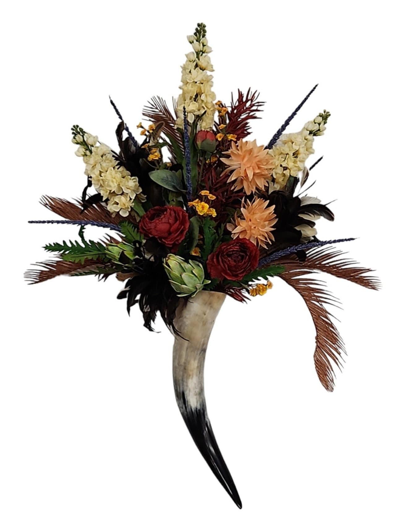 Floral & Pheasant Feathers Horn Wall Hanging