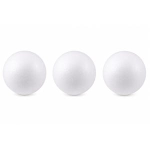 May include: Three white foam spheres arranged horizontally. Each sphere has a textured surface and a round shape. The spheres are evenly spaced against a white background.