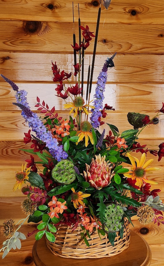 FISHING CREEL RUSTIC Floral Arrangement With Two Real Fishing Flies.  Wildflower Mixture, Cattails, Pods. Lodge Log Home Décor 