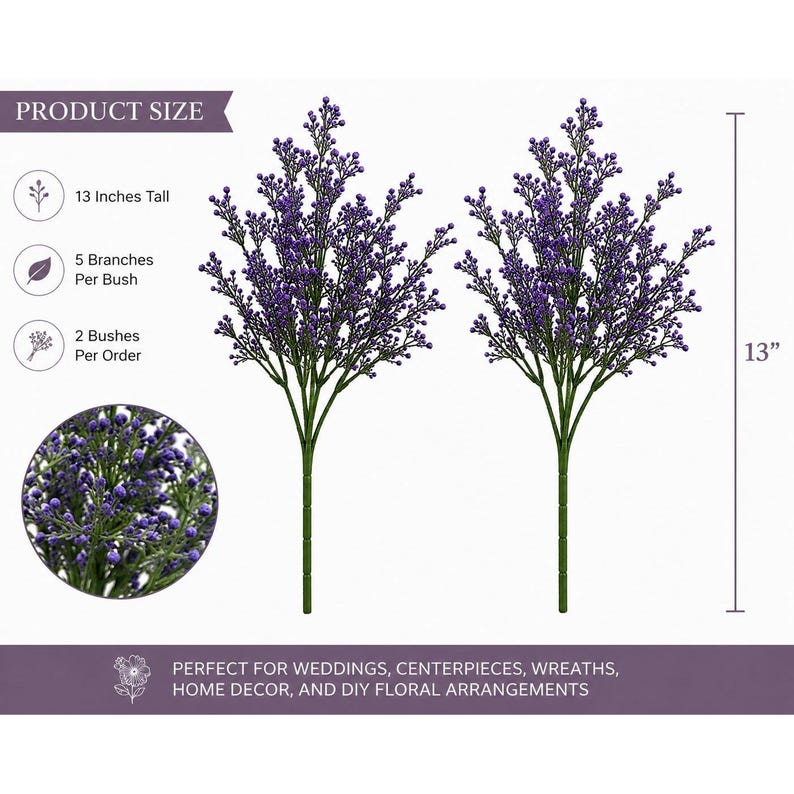 Puede incluir: Dos arbustos de bayas artificiales de color morado, cada uno de 33 cm de altura con 5 ramas. Los tallos son verdes y los racimos presentan peque&ntilde;as bayas redondas de color morado. Un recuadro circular muestra un primer plano.