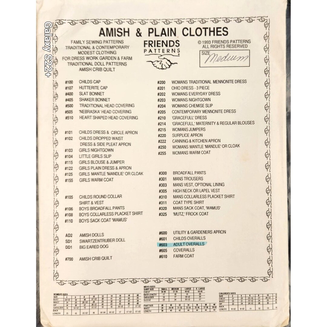 Oldfriends Pattern 1993 Friends Patterns #603 Medium Adult Overalls Sewing Pattern Amish ...