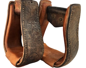Vintage Tooled Leather Western Stirrup Set of 2, Country Cowboy Farmhouse Decor
