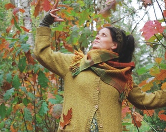 Autumn Sunburst tartan scarf with pink maple, handwoven in non-mulesed merino lambswool