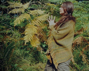 Early Autumn: golden green poncho handwoven in dip-dyed, all-British wool