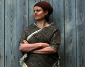 Dark brown and cream rugged wool poncho robustly handwoven in Devon, England