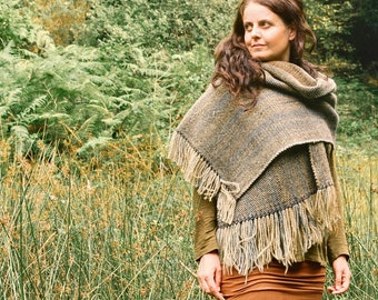 Faded Glade: slate shawl handwoven in dip-dyed wool