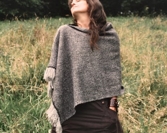 British Breeds: grey poncho handwoven in undyed Hebridean wool